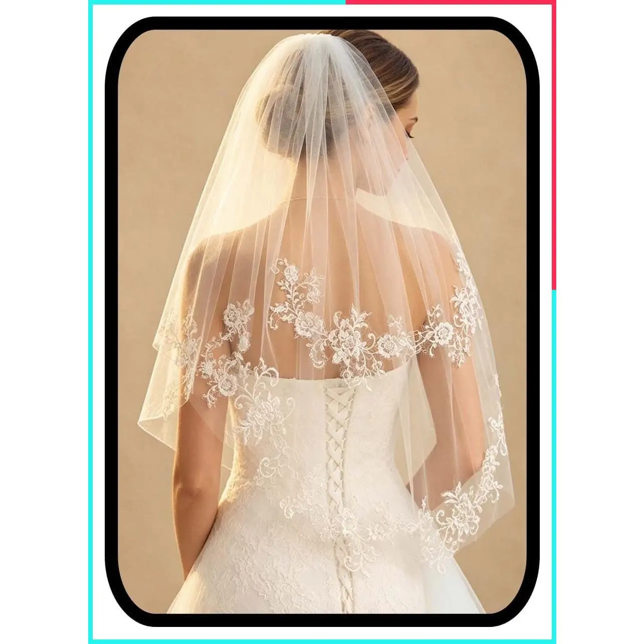 Short Bride Wedding Veils with Floral Lace, 2 Tier 2T Waist Length Soft Tulle Hair Accessories
