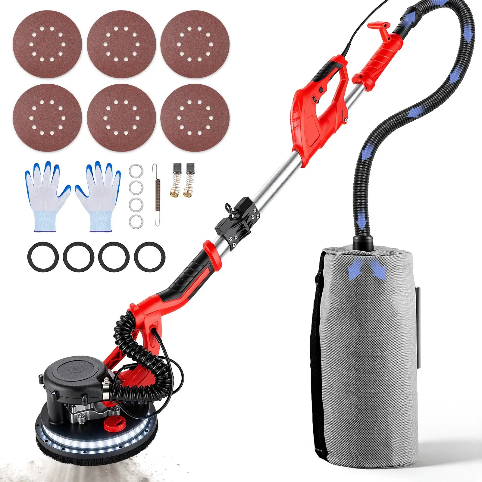 VEVOR Drywall Sander 850W, Electric Drywall Sander, Variable Speed 800-1750 RPM, Foldable Sheetrock Sander, with Telescope Handle, Electric Sander, with LED Strip Light and Vacuum Bag, Wall Sander