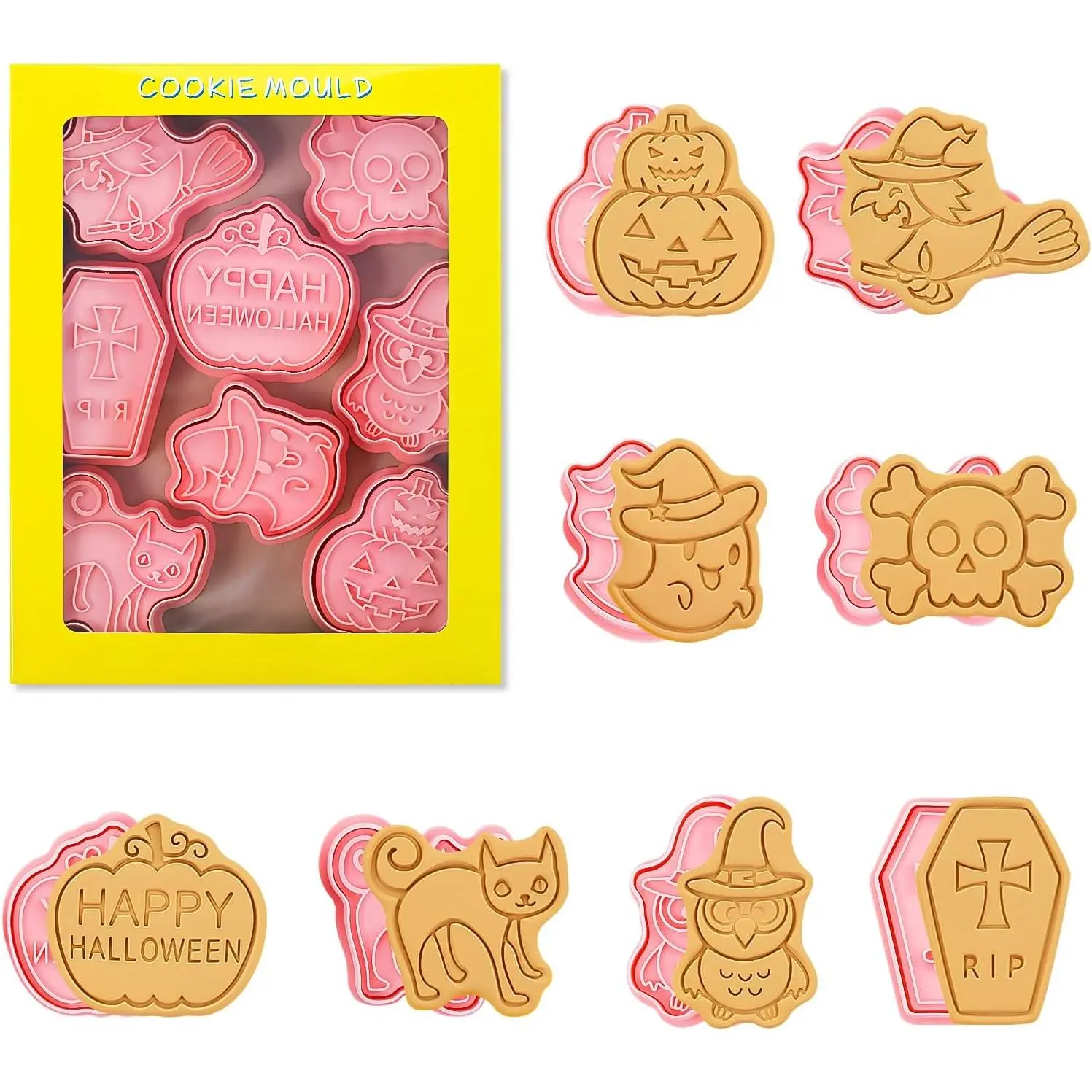 8 count Halloween Cookie Cutters and  Set, Plastic Cartoon Biscuit Molds, Cute Small Clay Playdough Cutters for  Party — Happy Halloween Pumpkin, , Coffin, , Skull, Owl, ,