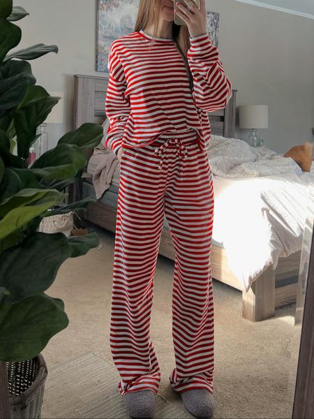 Women's Casual Striped Long Sleeve Top & Pants Set, Comfortable Loose-Fitting Home Wear, Fashionable Two-Piece for Daily Use
