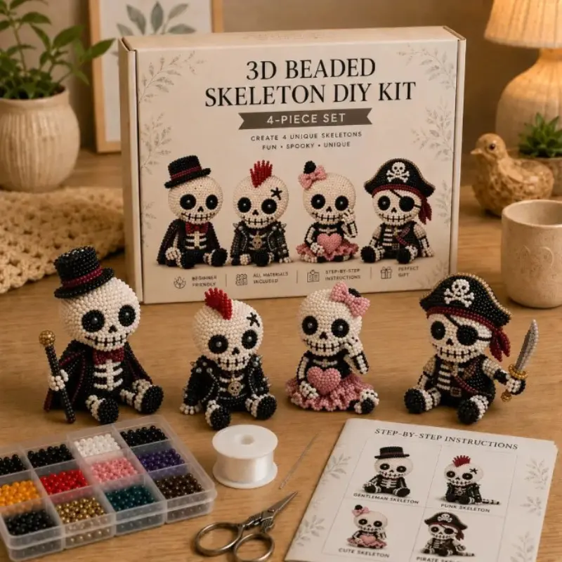 1 Set 3D Beaded DIY Craft Kit, Complete Accessories Including Beads, Nylon Thread, Scissors and Storage Box, Multi-Style Halloween Handmade Ornament Gift Set