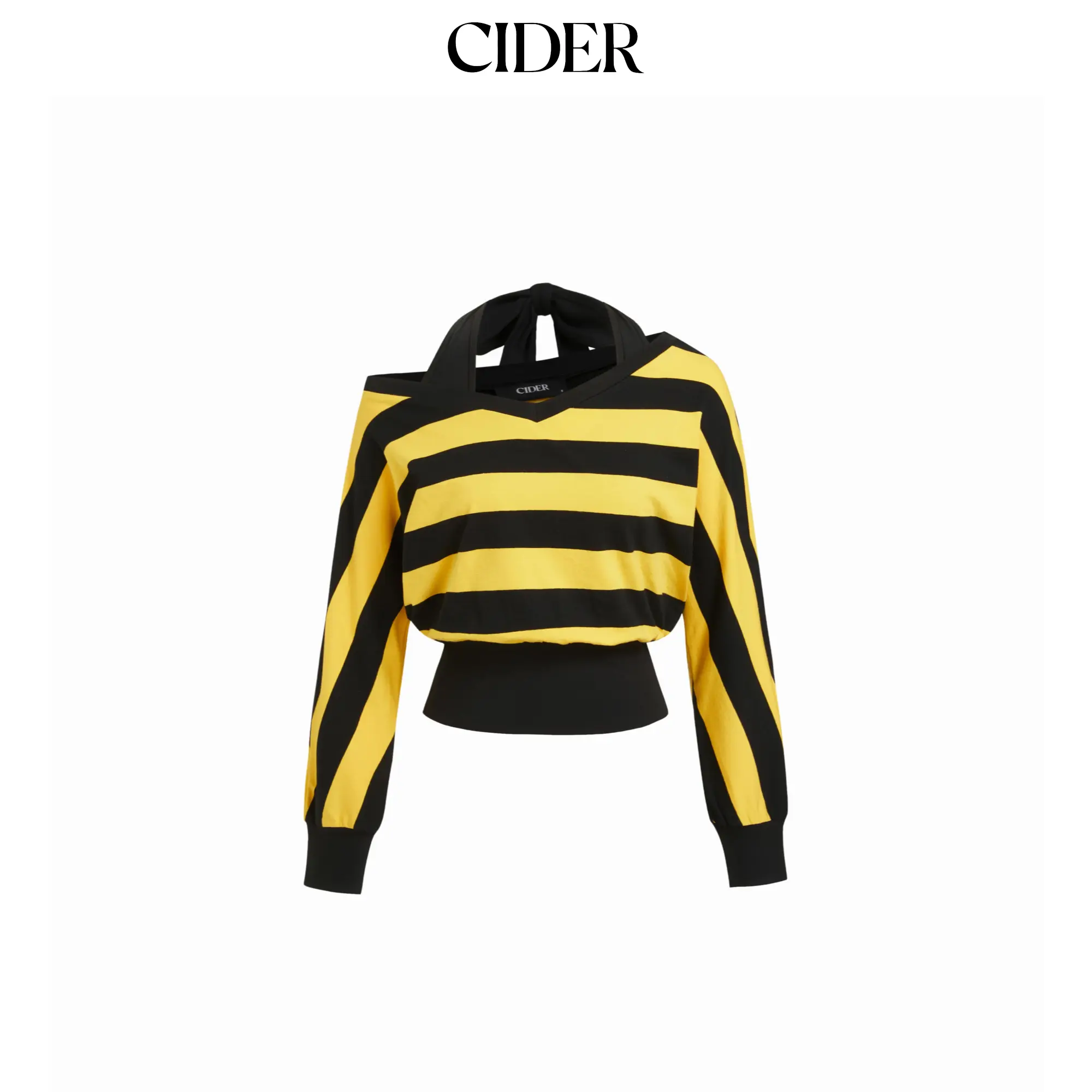 Cider Cotton-blend Asymmetrical Neck Long Sleeve Striped Two Tone Top SummerFinds