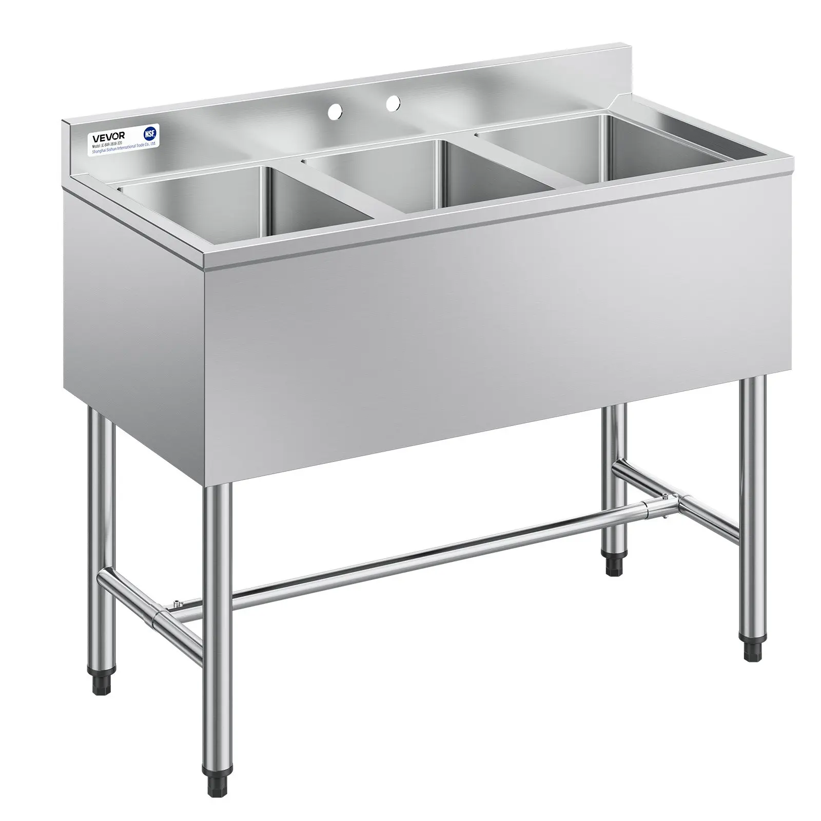 【Summerfinds】VEVOR 3 Compartment Sink, 18-Gauge 304 Stainless Steel, 10" x 14"x 10" Bowl Size, 3 Bay Commercial Under Bar Sink with Backsplash and Efficient Drainage for Kitchen, Restaurant, Food Truck Home Use