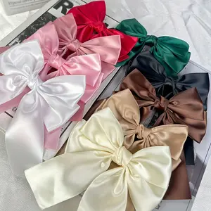 9-Piece Set of 6-Inch Long Hair Ribbon Bow Alligator Clips for Girls, Satin Bow Hair Clips, Large Hair Bows for Women, Pink Red Blue Green Black Christmas Hair Bow Clips Accessories