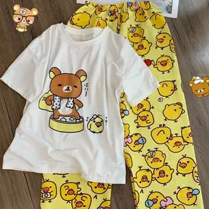 Cute Rilakkuma pajamas suit Print T-shirt O-neck Short Sleeve Tee Summer Clothing Kawaii Top student T Shirt girl's clothes gift
