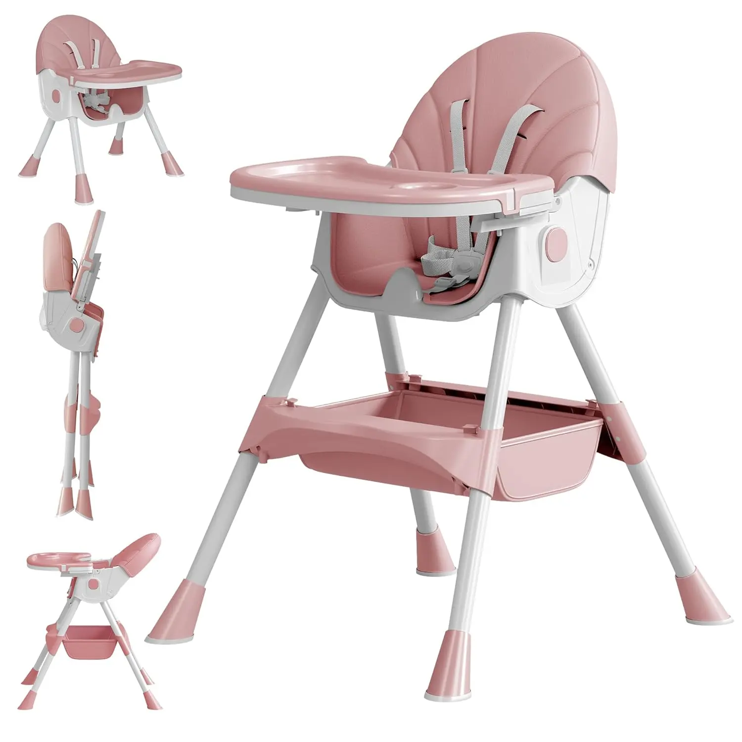 5-in-1 Baby High Chair for Babies & Toddlers, Foldable Portable High Chair with Detachable PU Cushion, Double Removable Tray, Adjustable Height & Recline, Locking Wheels – Travel Feeding Chair, Pink