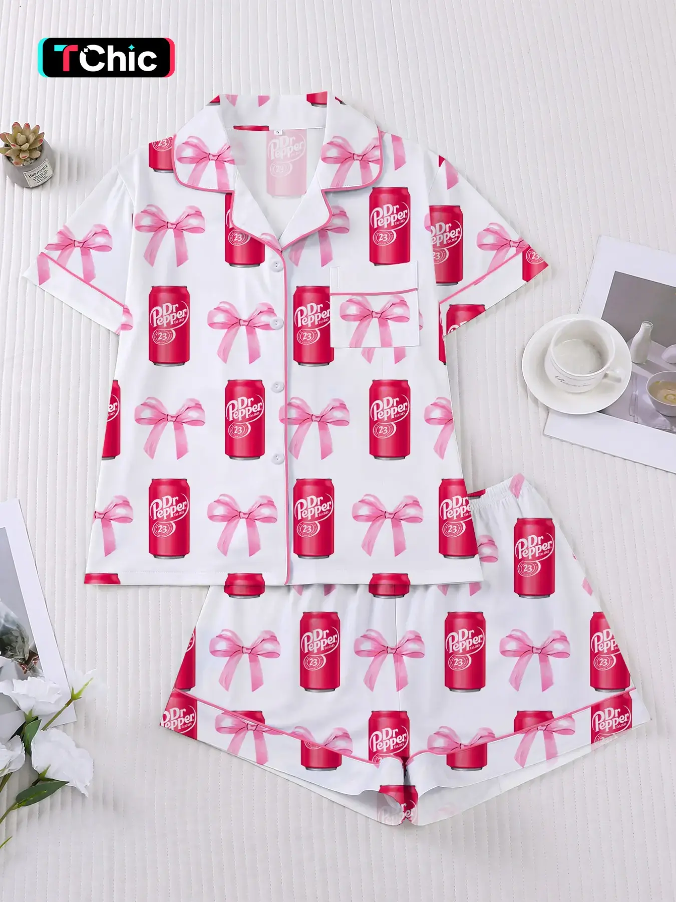 Women's Pajama Set, Bow Tie Short Sleeve Shirt and Elastic Shorts, Elegant Fitted Sleepwear, All Seasons Comfortable Home
