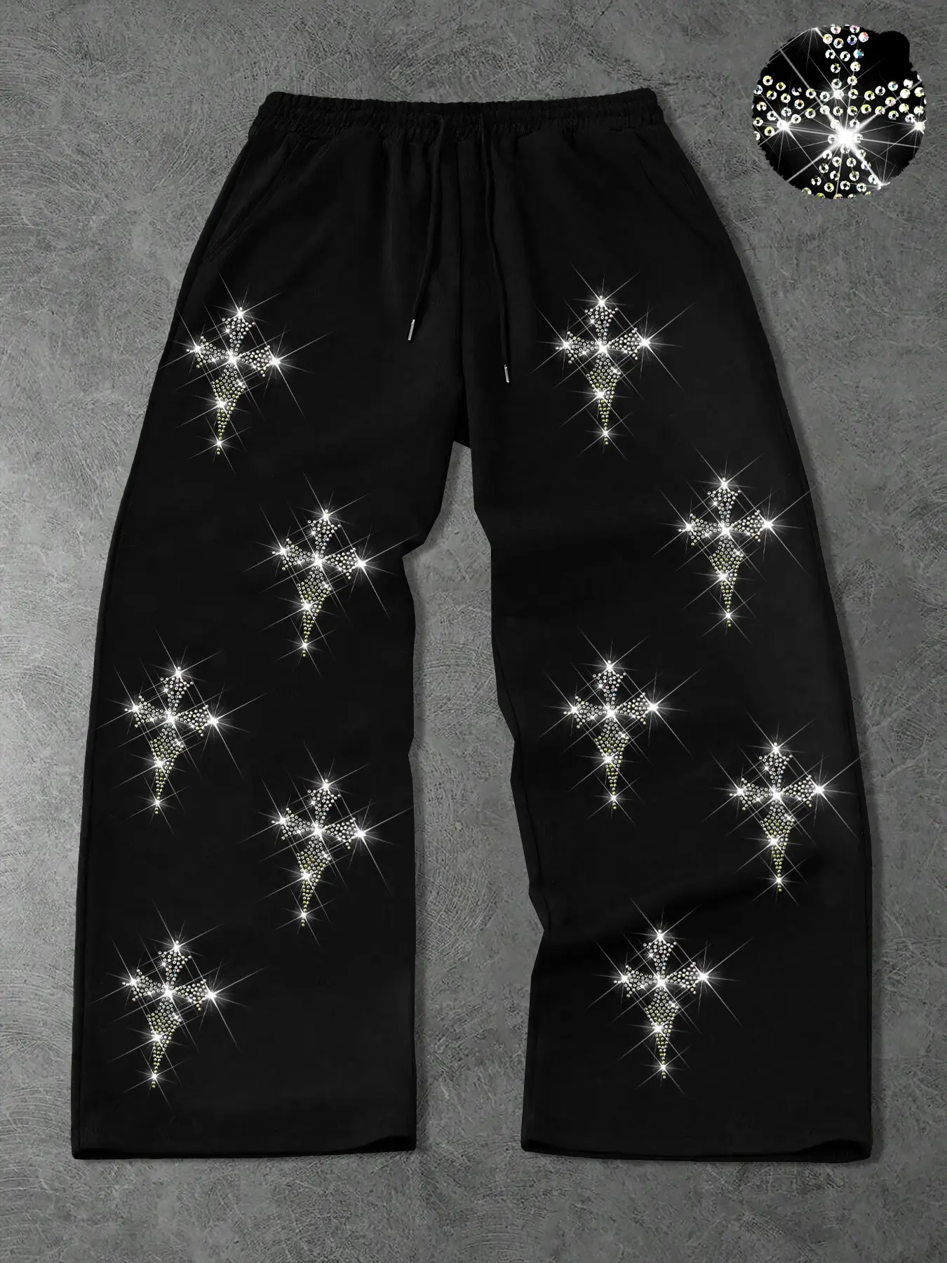 Men's Vintage Gothic Wide Leg Pants, Streetwear, Sparkly Rhinestone Cross Pattern, Loose Hip Hop Punk Street Style, Casual Fall & Winter Long Pants