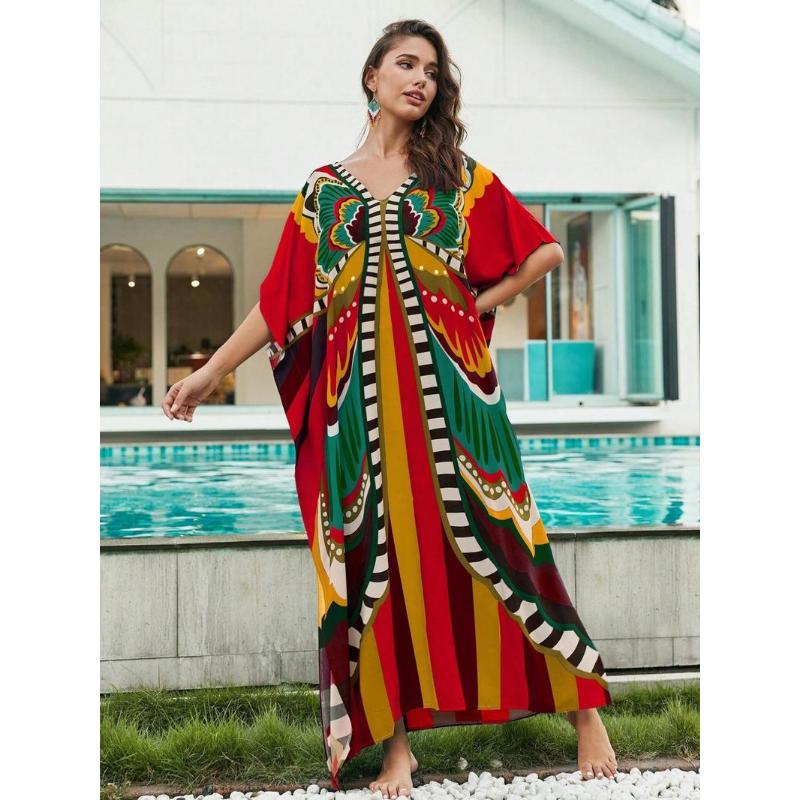 All Over Batwing Sleeve V Neck Maxi Dress,  Moo Moo Dress Summer Designer Clothes, Womenswear Boho Comfort Womenswear Half Sleeve Kaftan for Lady, Holiday Dresses, Clothing for Casual Wear Back To School Moo Moo Dresses