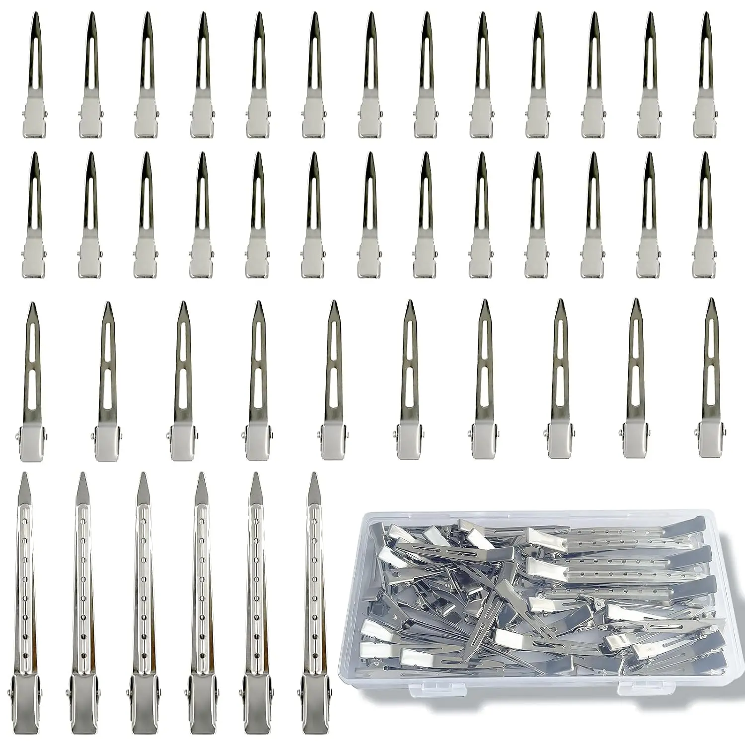 42Pcs Styling Hair Clips, Silver Metal Duck Billed Hair Clips for Women Styling Sectioning, Duckbill Long, Pin Curl, Alligator Roller Clip with Case
