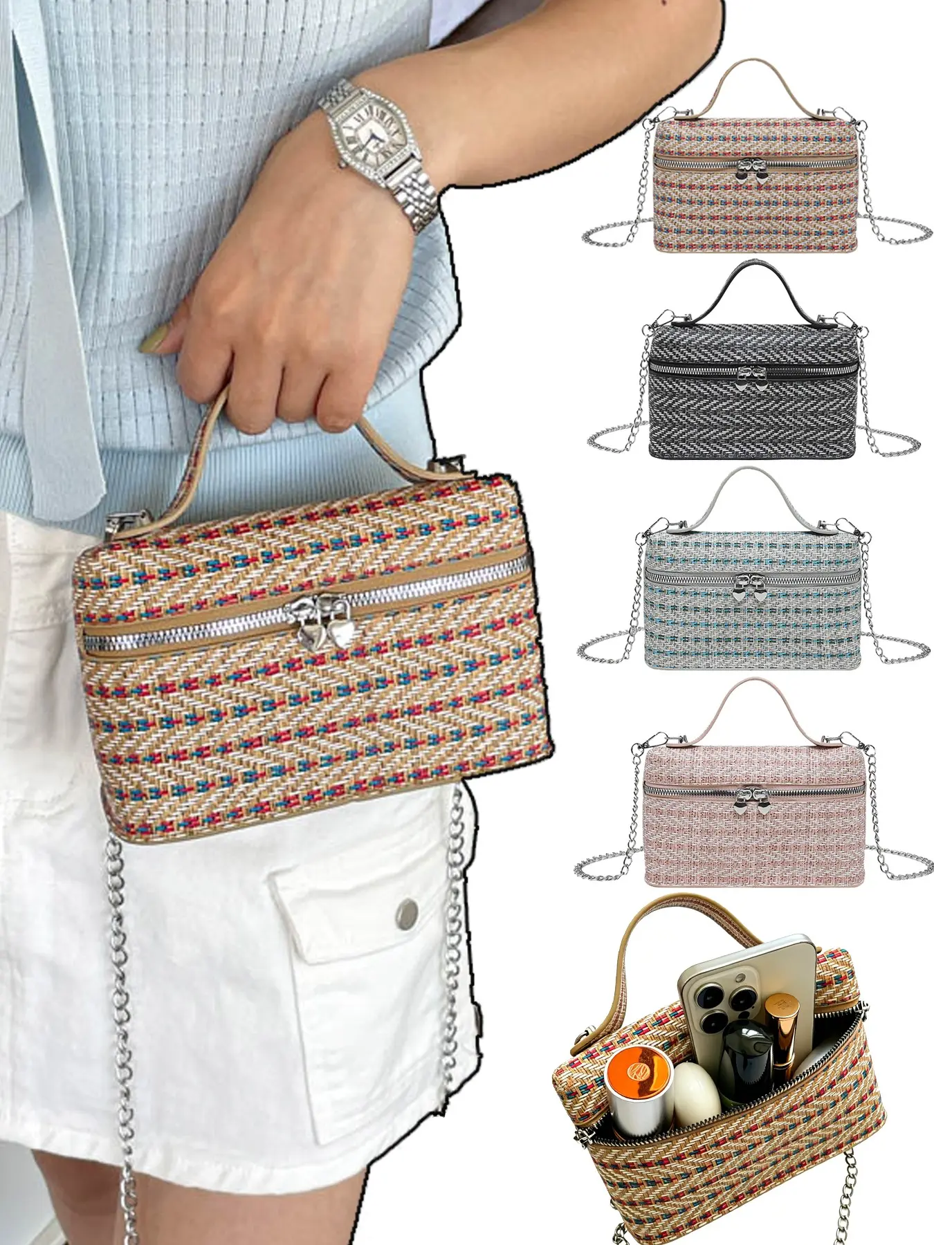 Vacation Style Straw Weave Small Box Bag, Detachable Metal Chain Three-Handed Crossbody Bag, Large Capacity Phone Makeup Pouch, Multi-Scene Use, Bohemian Crossbody Purse, Boho Shoulder Bag