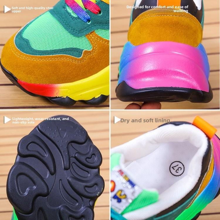 2026 Spring and Autumn New Colorful Dad Shoes Hip-Hop Street Style Sports Color-Block Casual Unique Platform Rainbow Women's Shoes Large Size Comfortable and Durable