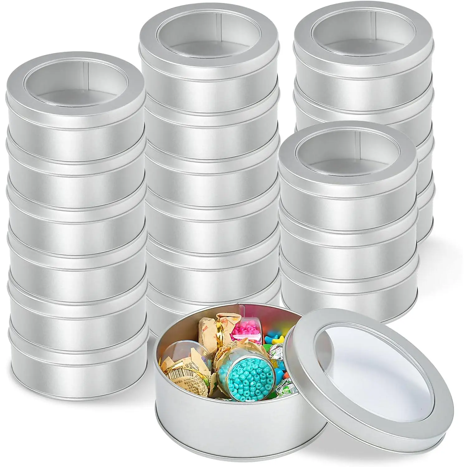 Metal Tin Cans, 20 Pack 6 Ounce Round Empty Containers, Metal Tins with Clear  for Kitchen Office , Candles, Candy Storage