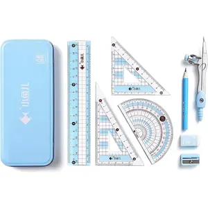 8 Pieces Math Geometry Kit Set Student Supplies with Shatterproof Iron Box Geometry Set for School, Includes Ruler, Protractor, Compass, Pencil,Pencil Sharpener and Eraser,etc