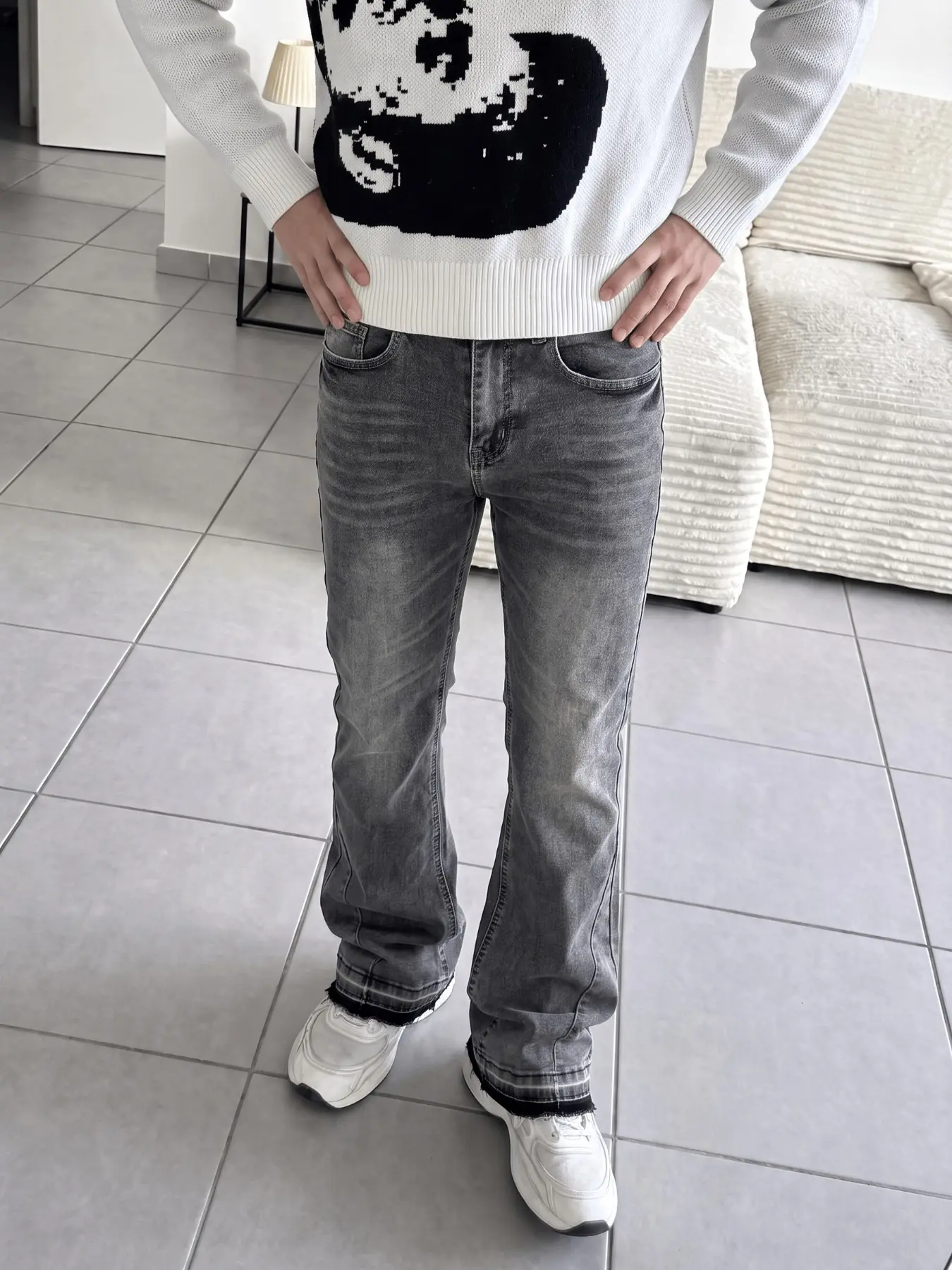 Men's Vintage Ash Washed Micro-Rise Fitted Stretch Jeans, High Street Frayed Edge, All Season Denim Long Pants, Casual Style
