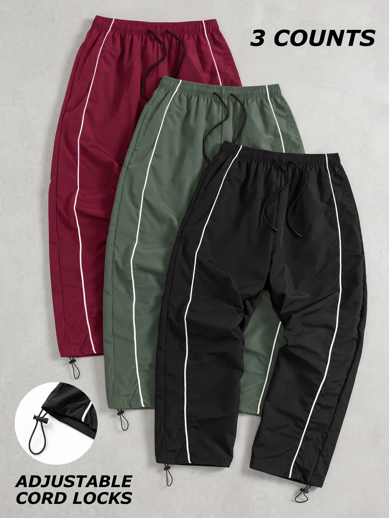 3 Piece Set Men's Trendy Sporty Pants with Lines, Gym Workout Running Trousers with Side Pockets, Athletic Quick-Dry Breathable Sweatpants, Drawstring Elastic Waist, Adjustable Cuffs