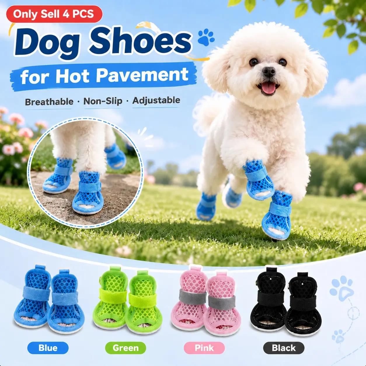 4PCS Dog Shoes for Hot Pavement, Summer Breathable Mesh Dog Booties with Anti-Slip Sole, Adjustable Straps and Easy-Clean Paw Protectors for Small Medium Dogs Outdoor Walking
