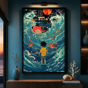 Studio Ghibli Ponyo Anime Poster, Studio Ghibli Poster, Hayao Miyazaki Artwork Anime Movie Poster Decor Photo, Canvas Wall Art Print, Anime Room Decor for Bedroom Dorm Office, Japanese Movie Wall Art Gift for Fans