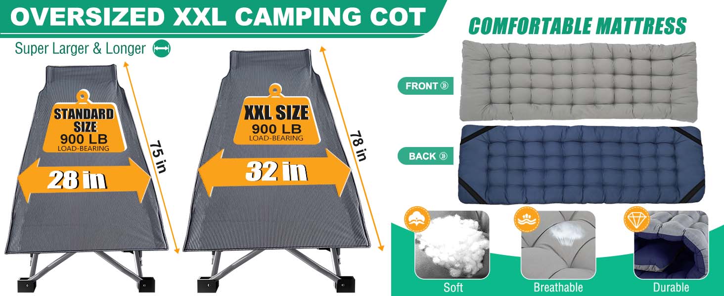 AGS LILYPELLE Folding Camping Cot, Extra Wide Heavy Duty Sleeping Cots with Carry Bag, Double Layer Oxford Portable Travel Camp Cots for Home, Office Nap and Outdoor Beach