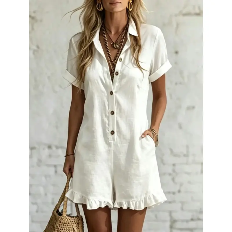 Elegant Lapel Button Design Short Ruffle Romper, Casual Vacation Style High-Waisted Slimming Romper, Comfortable and Stylish One-Piece