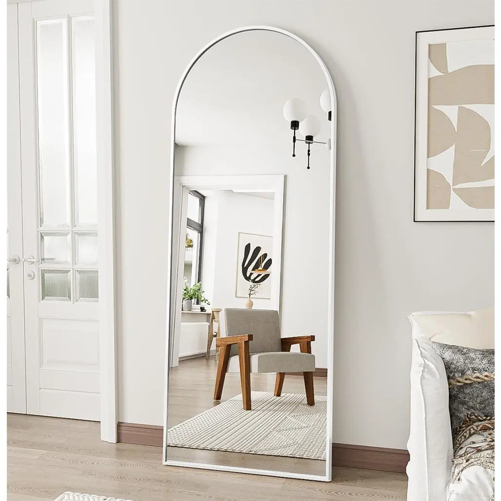 Floor Full Length Mirror, 56"x20" Arched Full  Mirror, White |  Alloy Frame, Floor, Standing, , Leaning, Wall Mounted, Suitable for Bedroom, Living Room, Entryway, Cloakroom