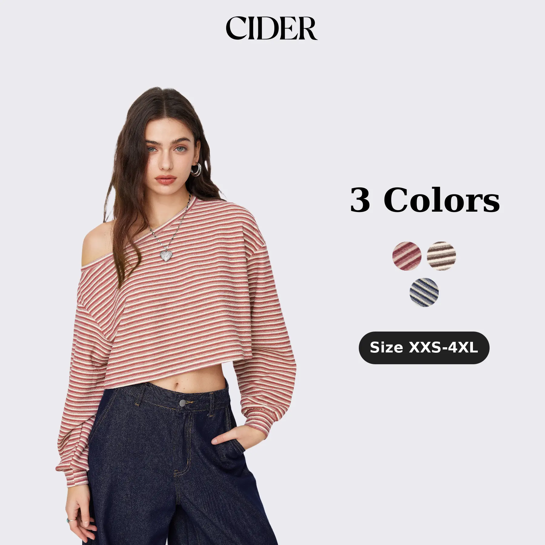 Women's Cotton-Blend Asymmetrical Neck Stripe Oversized Crop Sweatshirt - 2 Colors, Size 2-10 SohoChic