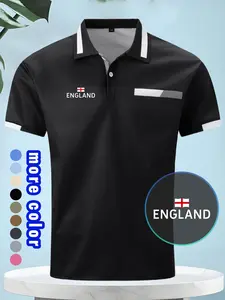 New Men's Casual Polo Shirt, Chest Pouch Design, England Print Collar Button Short Sleeve Tee, Comfortable Breathable Fabric, Ideal for Leisure, Vacation, Sports
