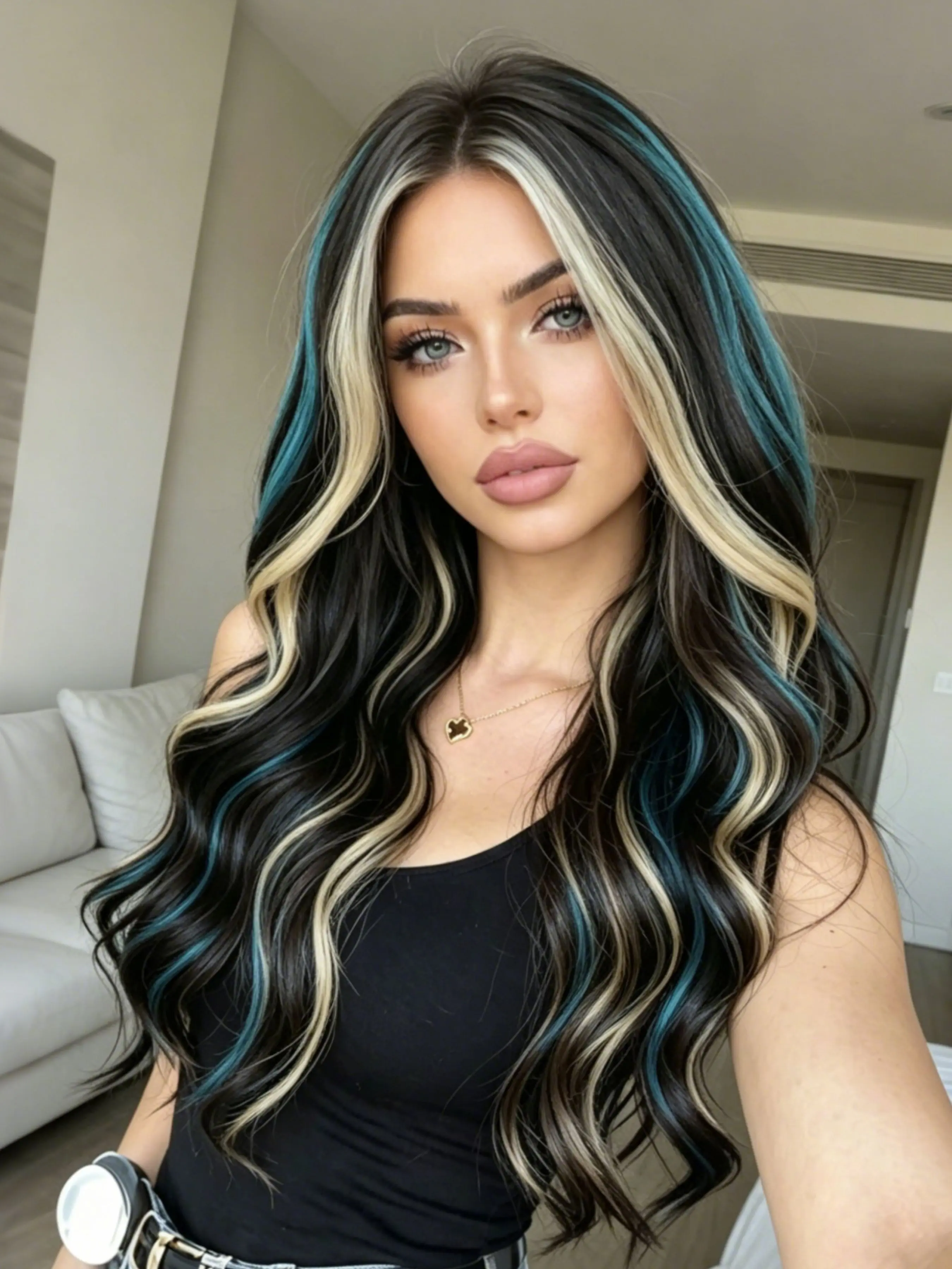 Black Blue Blonde  Highlight  Body Wave Wig 13x4 HD Transparent Lace Frontal Wigs  3-Tone Highlight  Pre Plucked Free Part Synthetic Wavy Wig for Women Daily Wear 28 Inch