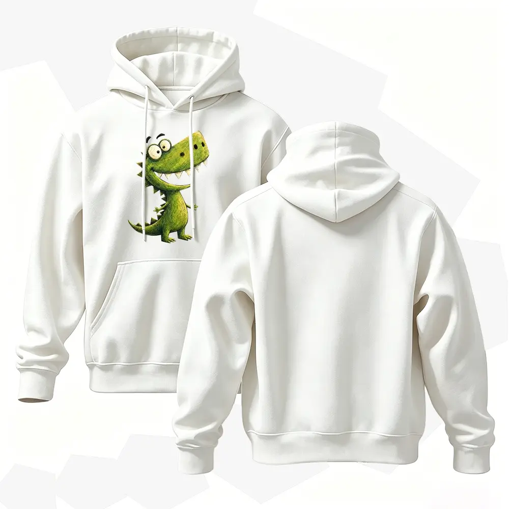 Cute Funny Green Dinosaur Hoodie | 100% Cotton Soft Breathable Pullover | Cartoon T-Rex Graphic Aesthetic Happy Dino Sweatshirt Black Unisex