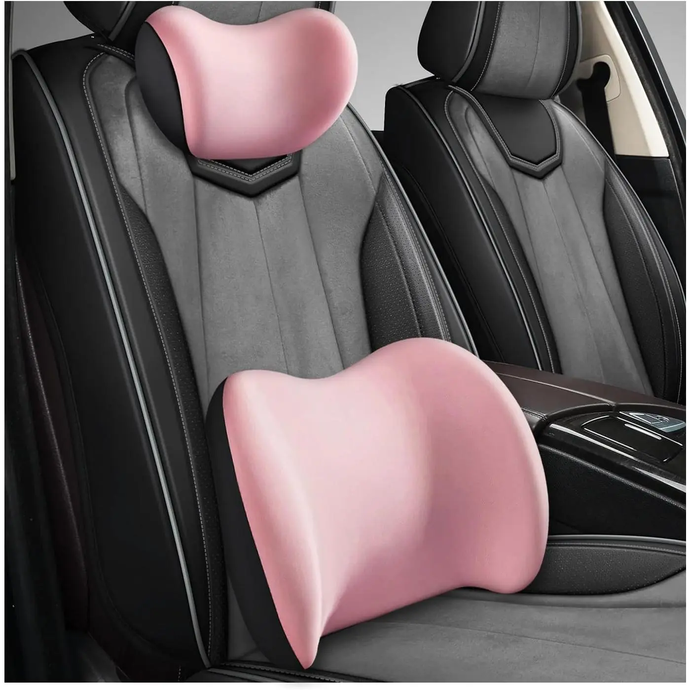 Headrest & Lumbar Support Cushion, Ergonomic Memory Foam Car Neck Back Support w/Removable Cover, Universal Breathable Lumbar Cushion Headrest Pillow with Adjustable Strap (Pink)