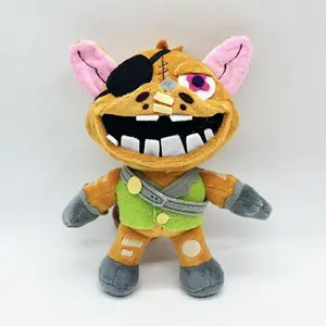 Creepy Pirate Foxy Fox Plush Toy Five Nights Horror Game Stuffed Doll One Eye Patch Floral Purple Eyeball Big Jagged White Teeth Bandage Scar Patches Green Sling Vest Gold Buttons Gray Cuff Paws Soft Flannel Scary Halloween Plushie Gift For Teens Horror G