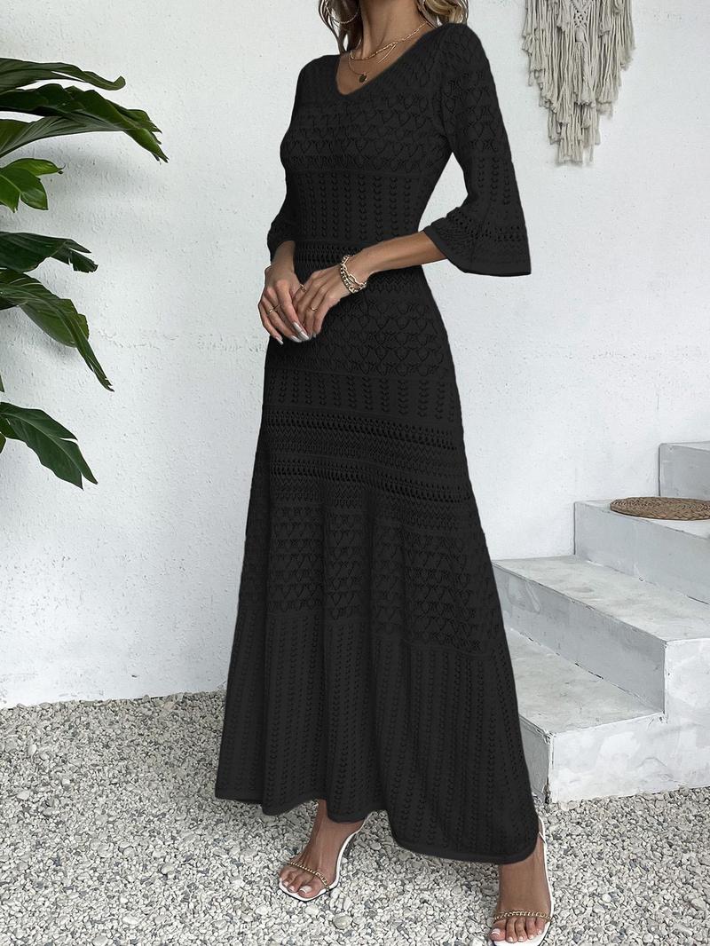 Elegant V-Neck Knit Dress, Hollow Out Design, Casual Fitted Long Skirt, Spring & Summer Beach Vacation Wear, Random Pattern