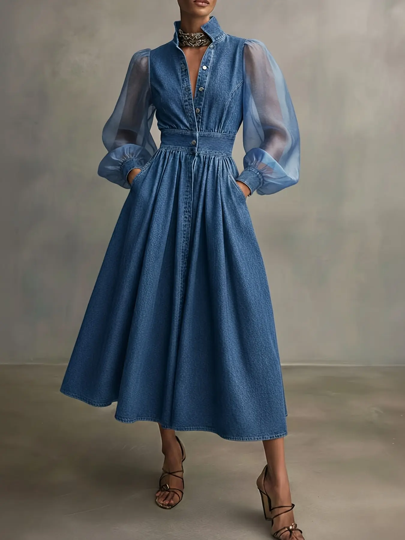 Collared Sheer Bubble Sleeve Denim Shirt Midi Dress, Casual Solid Pattern, All-Season Wear, Plain Surface Design, Dresses with Sleeves