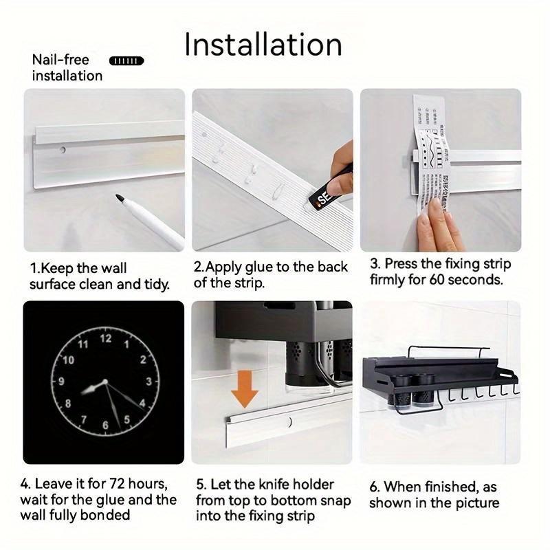 Double-layer Kitchen Spice Knife Storage Rack For Home Storage Decoration 7.68 inches width Wall-mounted Multifunctional Holder Punching-free Storage Organizer With Chopsticks Towel Rail and Utensil Hook