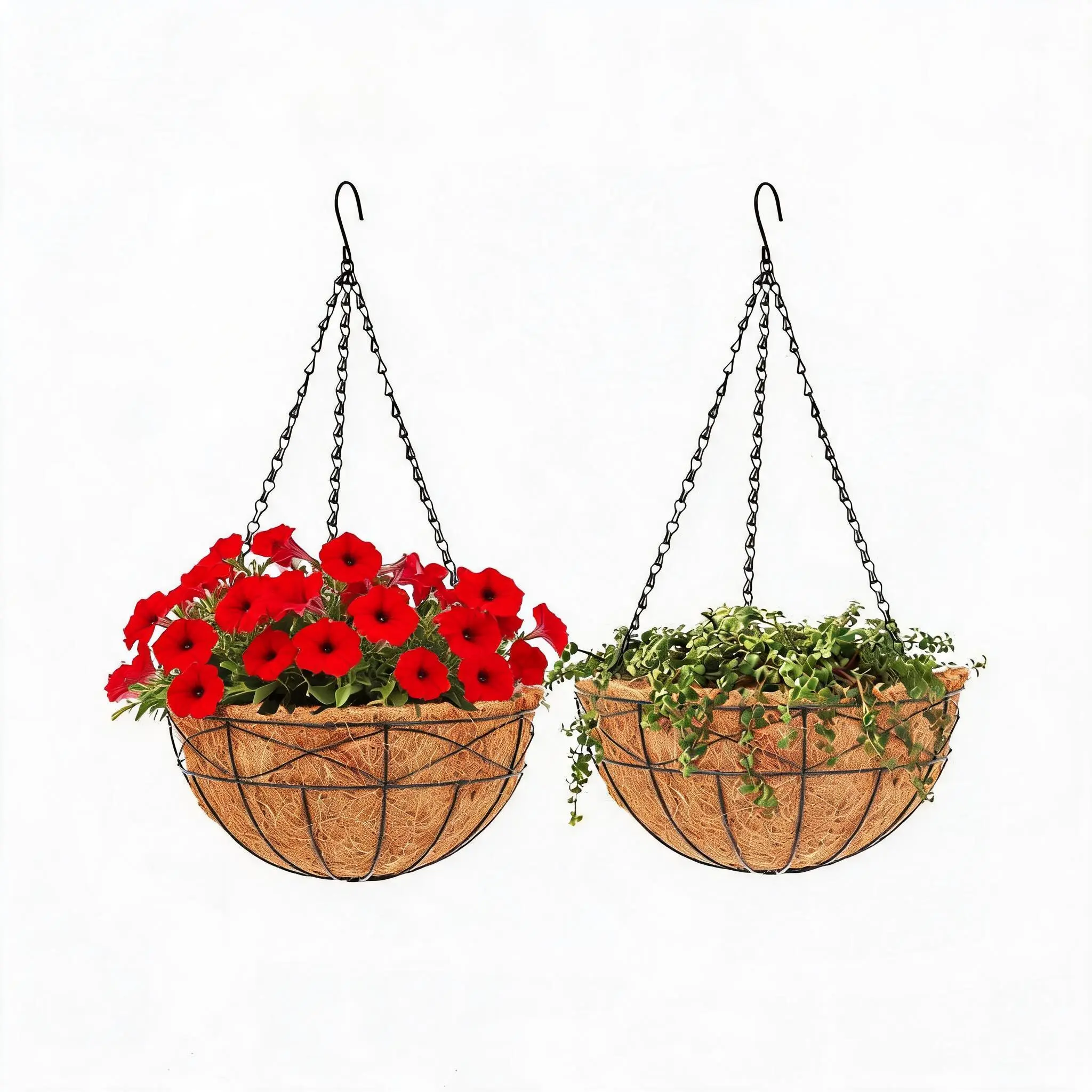 2 Pack Metal Hanging Planter Baskets with Natural Coco Liner 12 or 14 Inch Rust Resistant Round Flower Pots for Garden Porch Patio Decor