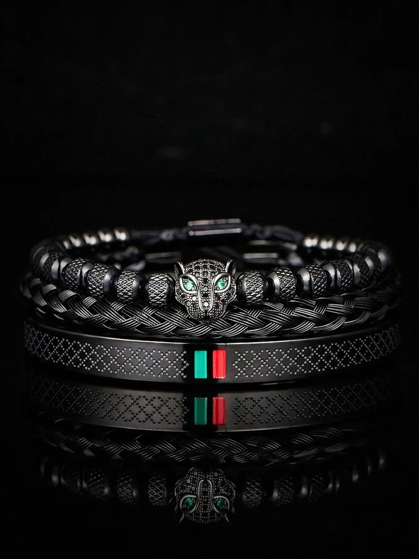 3pcs/set Men's Handmade Leopard Head Bracelet Set, Resin Wristbands, Luxury Style, European & American Design