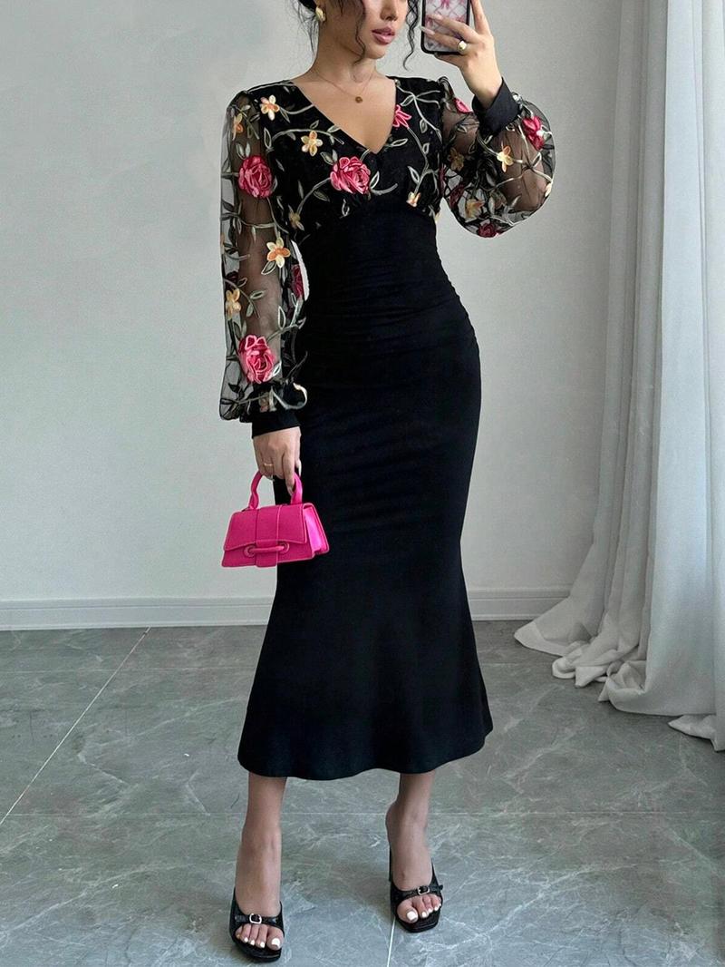 prom dresses, Valentine's Day Women's Floral Embroidery Tulle Patchwork Sheer Mermaid Dress, Elegant Bishop Sleeve V Neck Long Sleeve Dress for Party Holiday Wedding Guest, Ladies Clothes for All Seasons, Fashion Dress