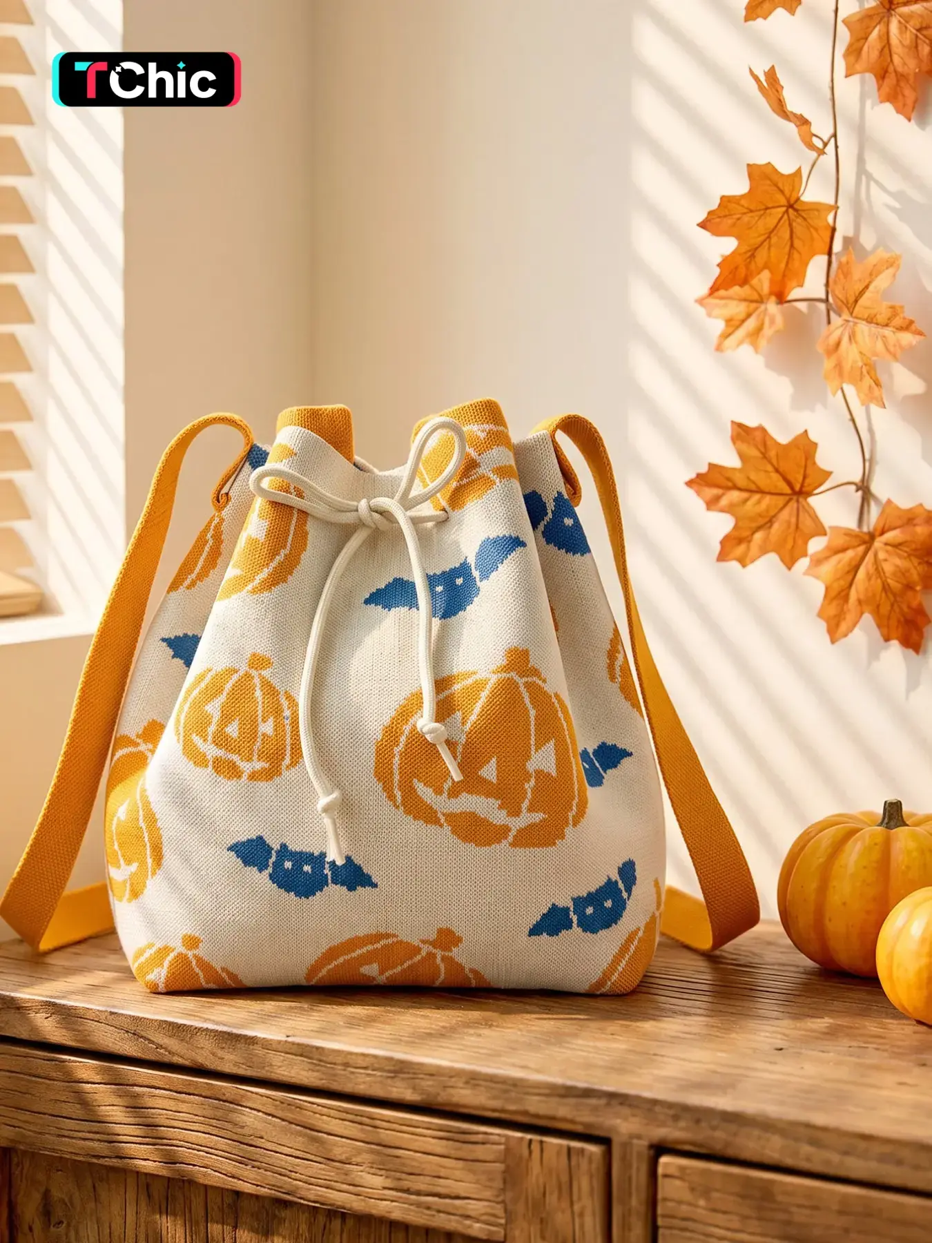 Halloween Pumpkin Knit Bucket Bag, Drawstring Crossbody Shoulder Bag, Sweet Cool Fall Women's Small Bag, Perfect for Halloween Parties