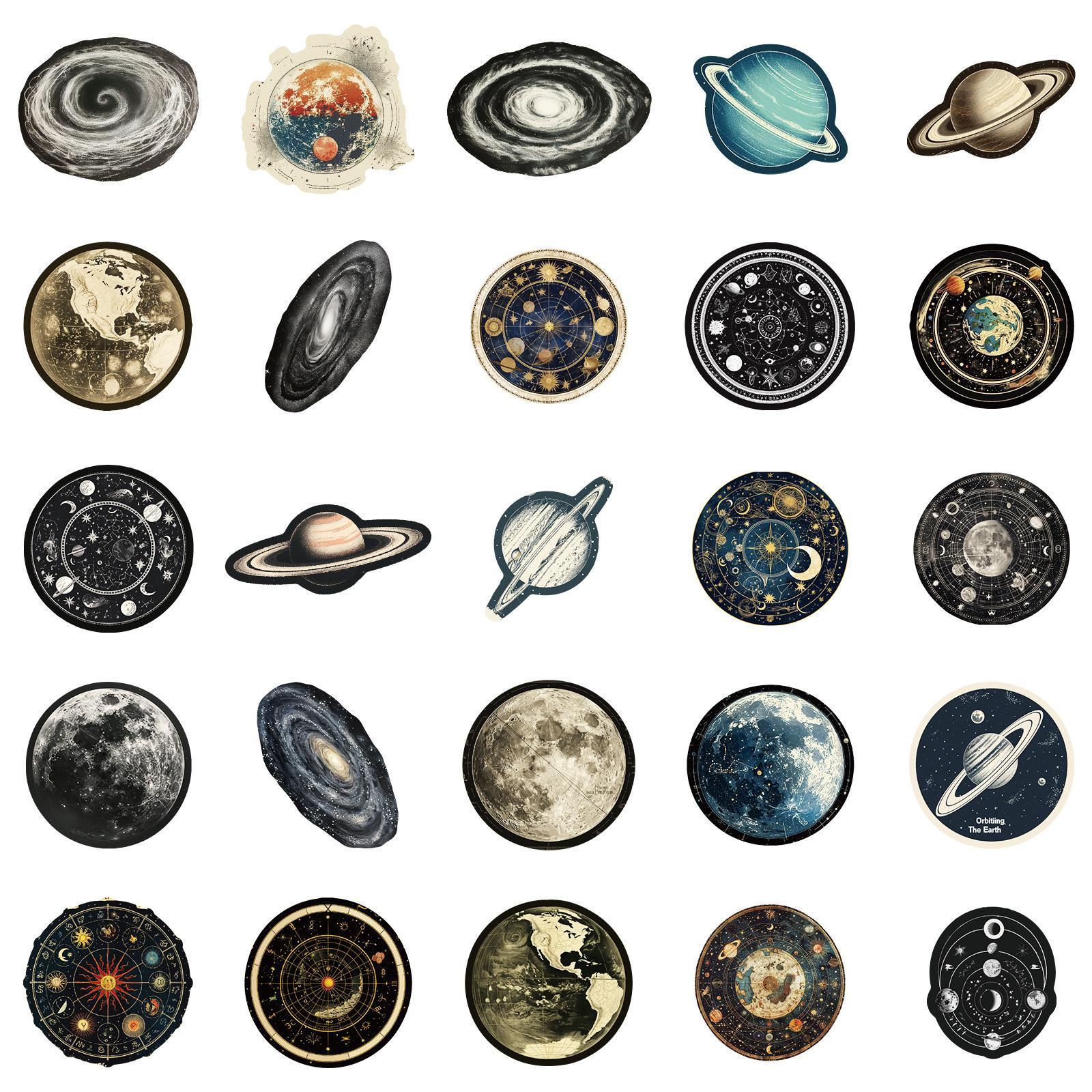 Space Themed Sticker, 50pcs/set Waterproof Self Adhesive Decor Paper with Storage Box, Decor Sticker for Gift Greeting Card Water Bottle Laptop Phone, Sticker Packs