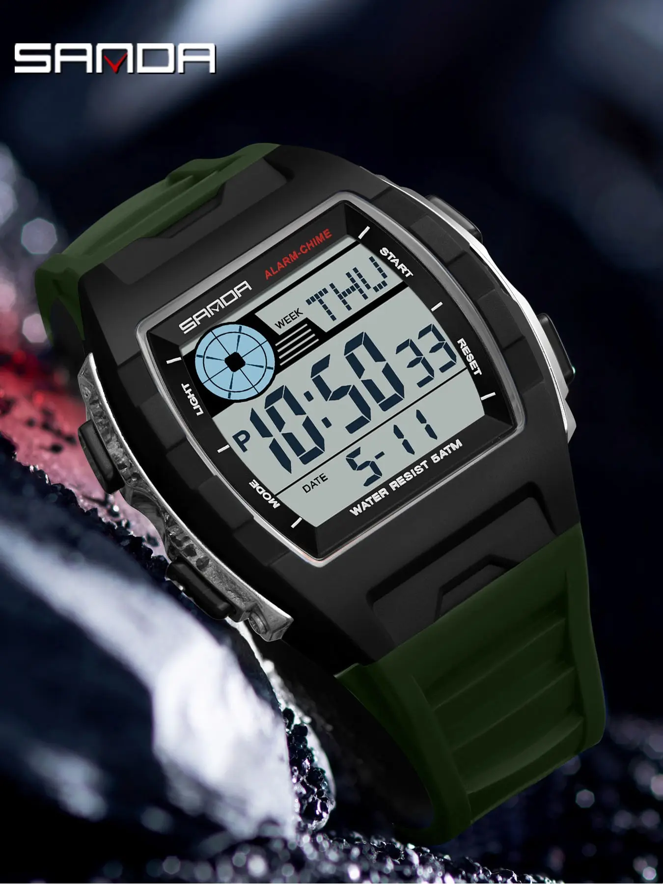 SANDA 2225 Military Digital Watch for Men Waterproof Stopwatch Alarm Dual Time Countdown Outdoor Sports Electronic Watch with Luminous, Calendar Function, Barrel Shaped, with Box, Digital Multifunctional Watch Luminous Alarm Wristwatch