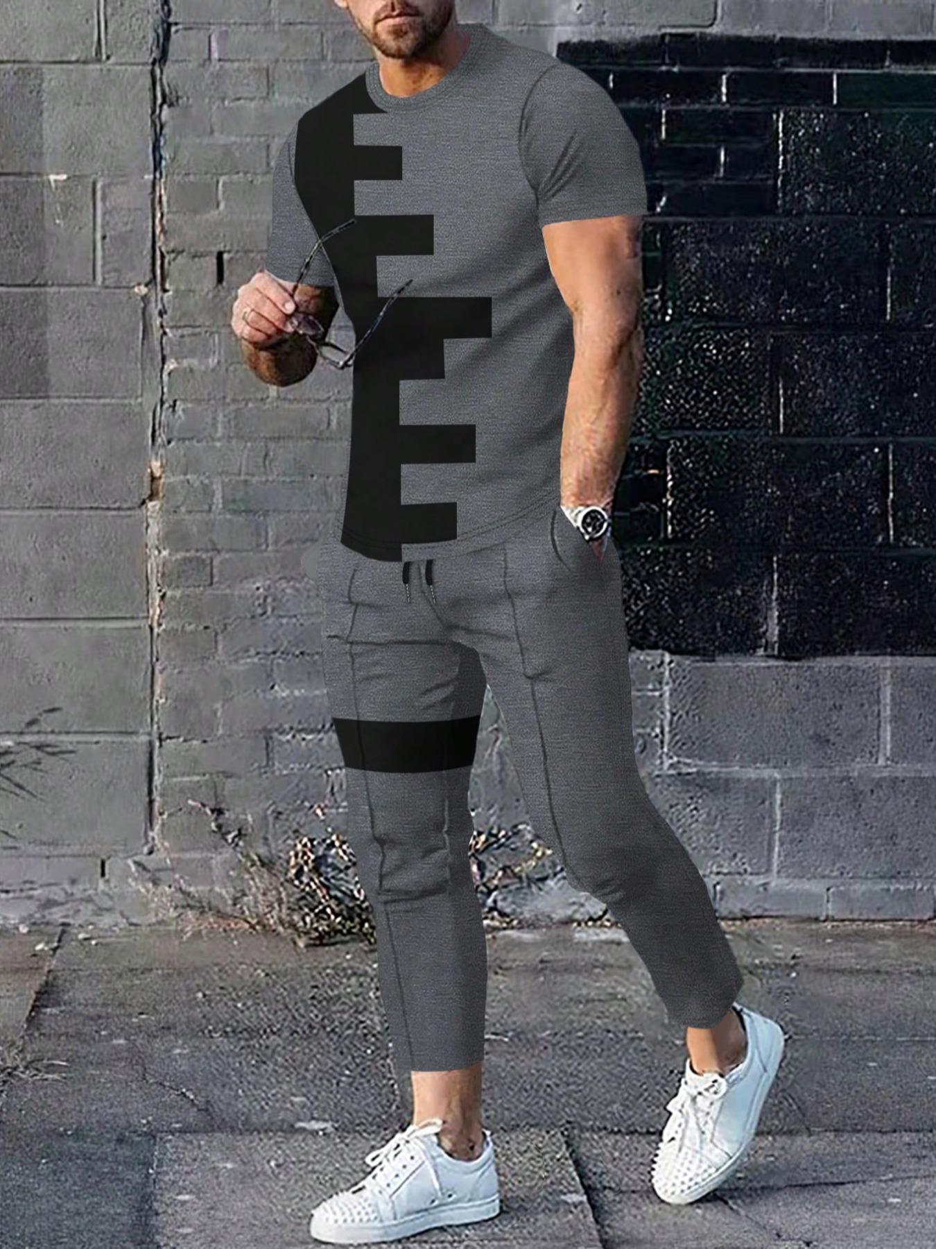 Two Counts Men's Patchwork Colorblock Print Pocket Pants Set, Casual Short Sleeve Fitted Crewneck Round Neck Jersey Tee & Drawstring Waist Pants Casual Trousers, Men's 2 Piece Set, T Shirt Set, Fashion Men's Outfits For Summer, Clothing, Menswear