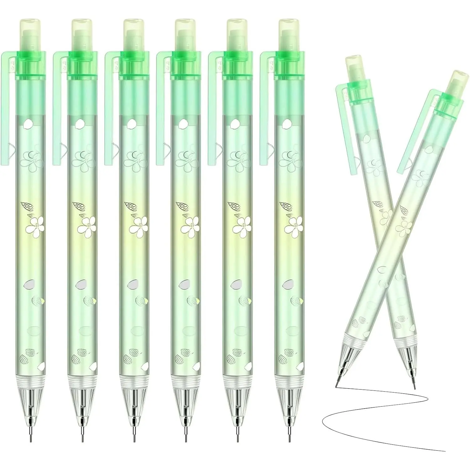 6 count Cute Green Cherry Blossom Mechanical Pencils 0.5mm&0.7mm Mechanical Pencil Kawaii Pencils School Pencil for Students Women Office School Suppies