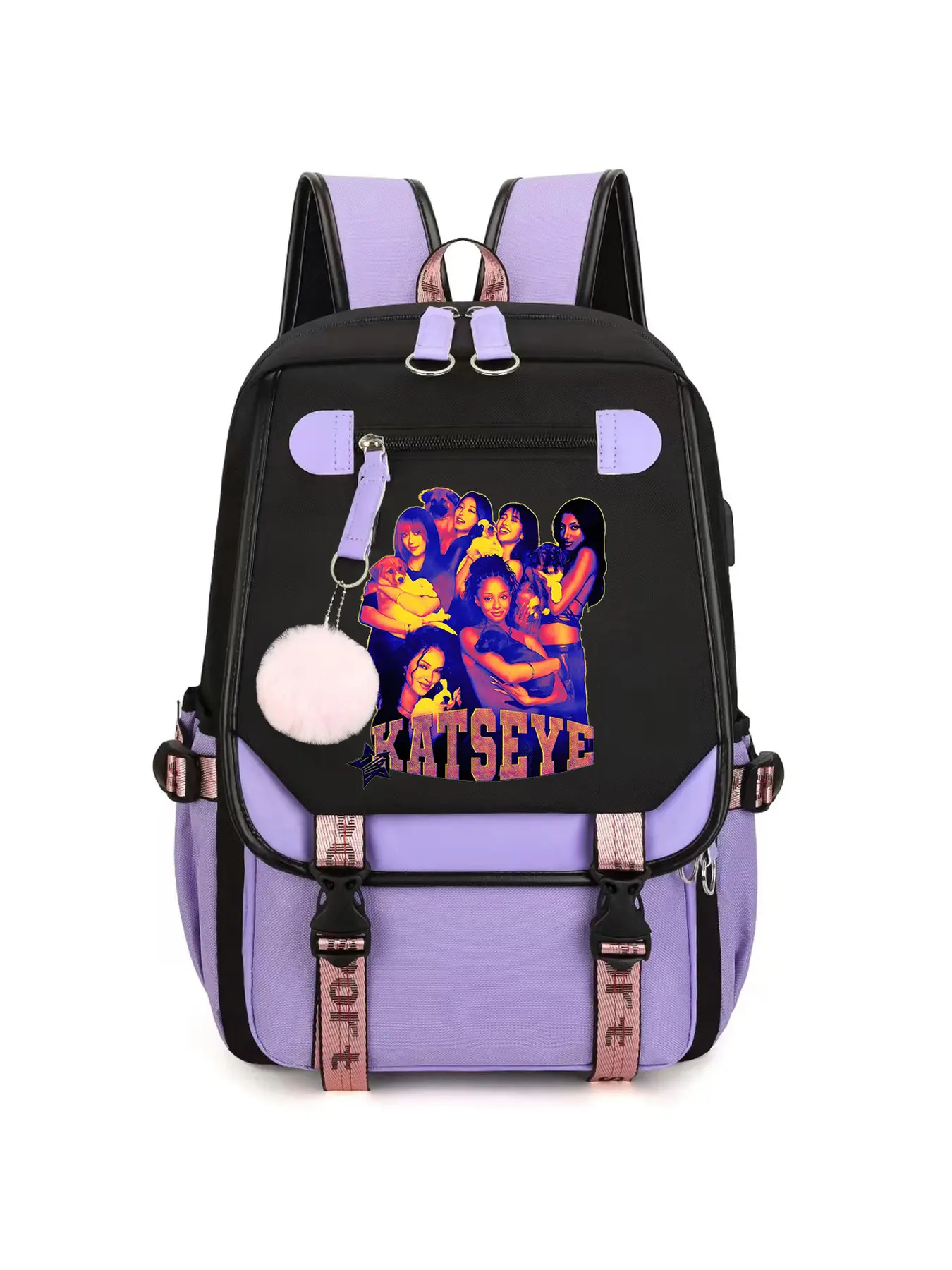 Cute Purple Black School Backpack with Pom Pom Charm, Large Capacity Casual Lightweight Kawaii Daypack for Teen Girls, Lightweight Laptop Backpack, Ideal Back to School Gift, Thanksgiving Gift & Christmas Holiday PresentC