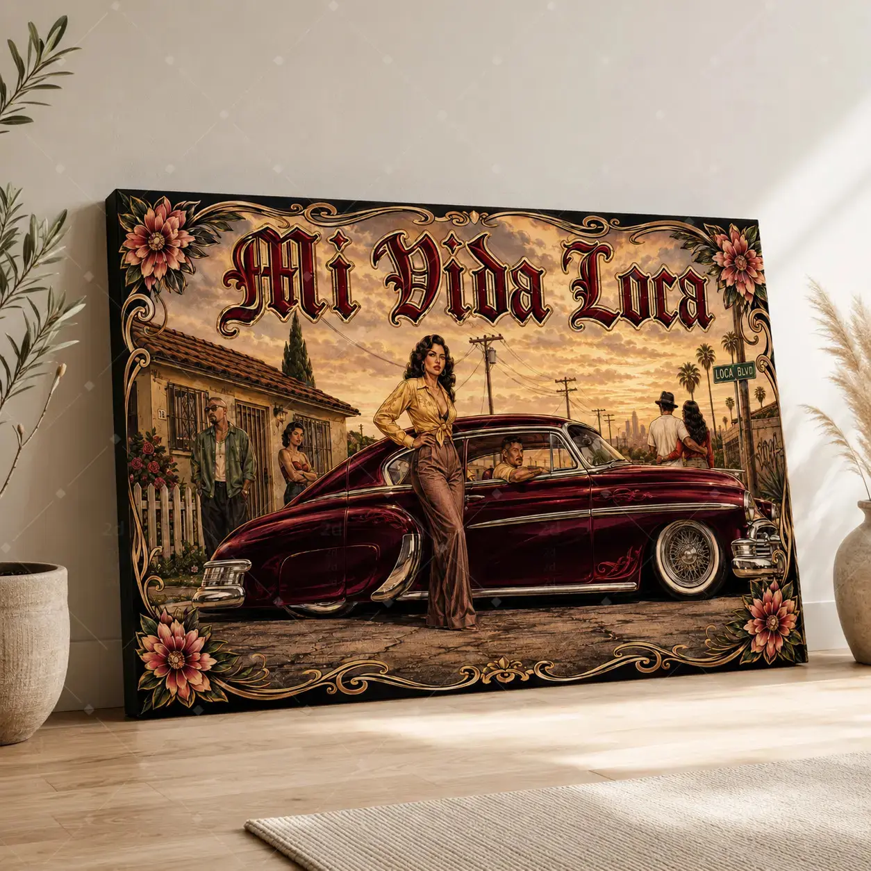 Mi Vida Loca Chicano Lowrider Classic Car Sunset Street Floral Border Canvas Wall Art, Vintage Latin Culture Chicano Art Painting For Garage Bar Tattoo Shop Living Room Apartment Wall Decor, Available as Unframed Canvas Poster or Framed Canvas Wrap