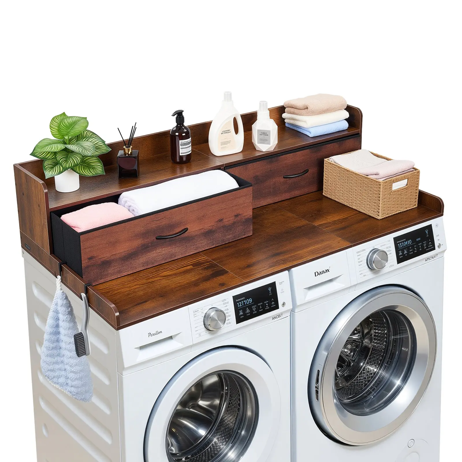 Washer Dryer Countertop with Shelf, 54x 27.5 in Wooden Washer and Dryer Topper with 2 Drawers 2 Hooks, Laundry Machine Topper for Laundry Closet Pantry Counter Organization and Storage, Brown