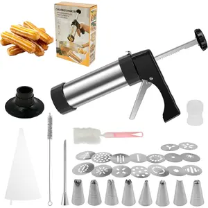 Churro Maker Machine, 3-in-1 Stainless Steel Churro Gun Kit - 16 Discs&8 Tips&2 Brush&Nozzle Converter&Piping Bag - Churro Making Kit for Homemade Churros Cookies