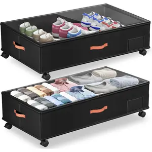 2-Pack Under Bed Storage with Wheels, XXL Large Storage Containers with Clear Lids & Handles, Space Saving Organizer Bins for Clothes Shoes Books Black