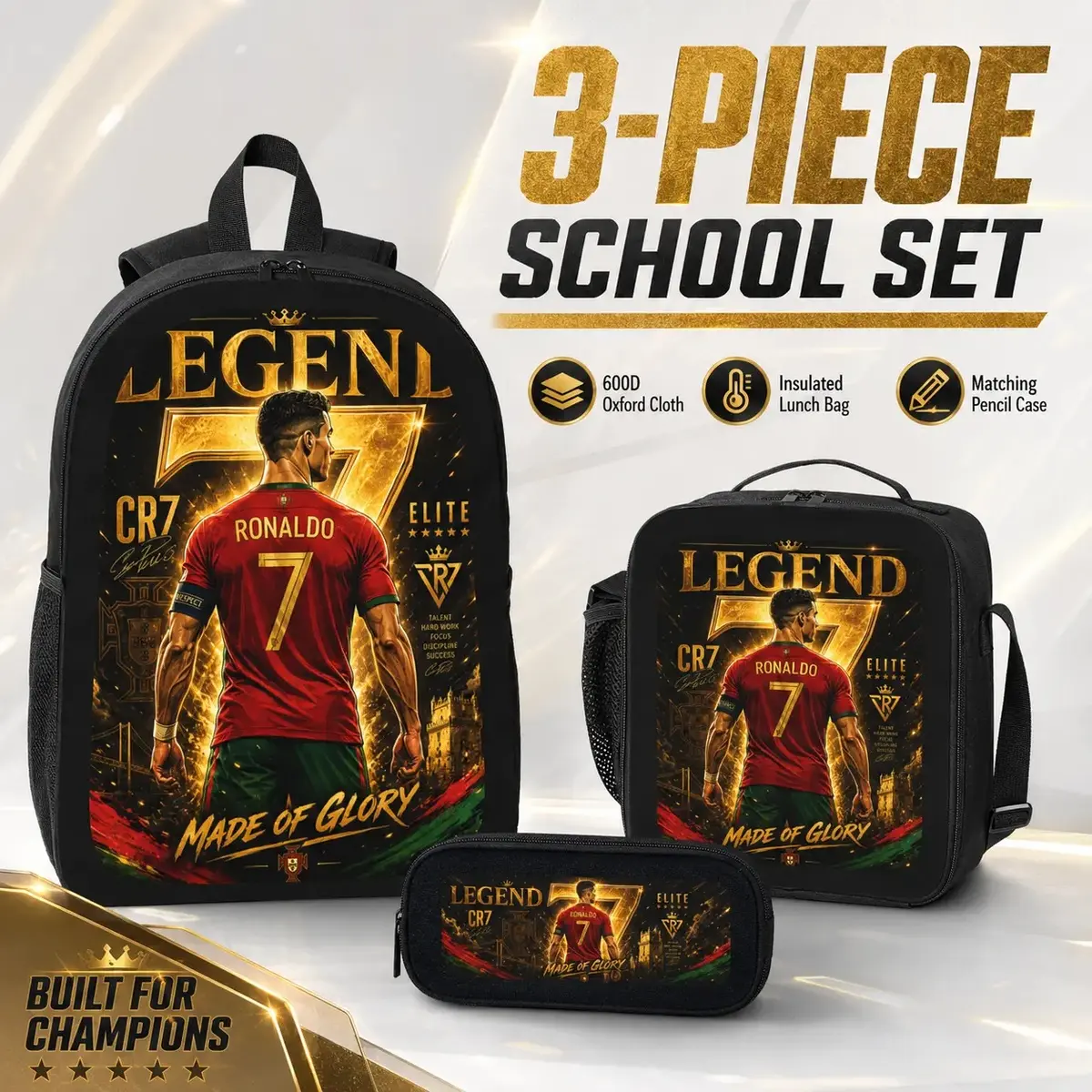 3 Piece Soccer Backpack Set for Boys Girls Teens, No.7 Legend Graphic School Backpack with Insulated Lunch Bag and Pencil Case, 600D Oxford Cloth Bookbag Set with Padded Straps, Side Pockets for School Travel