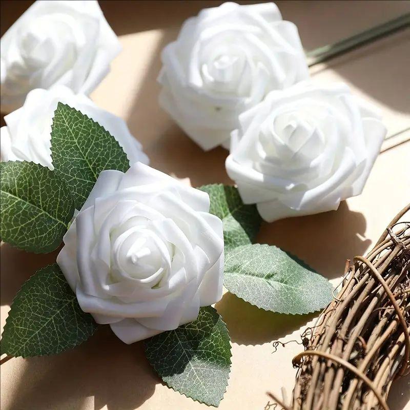 25pcs/Lot High-Grade White PE Rose Artificial Flower Head With Stem DIY Bouquet Wedding Party Decoration Scrapbook Supplies