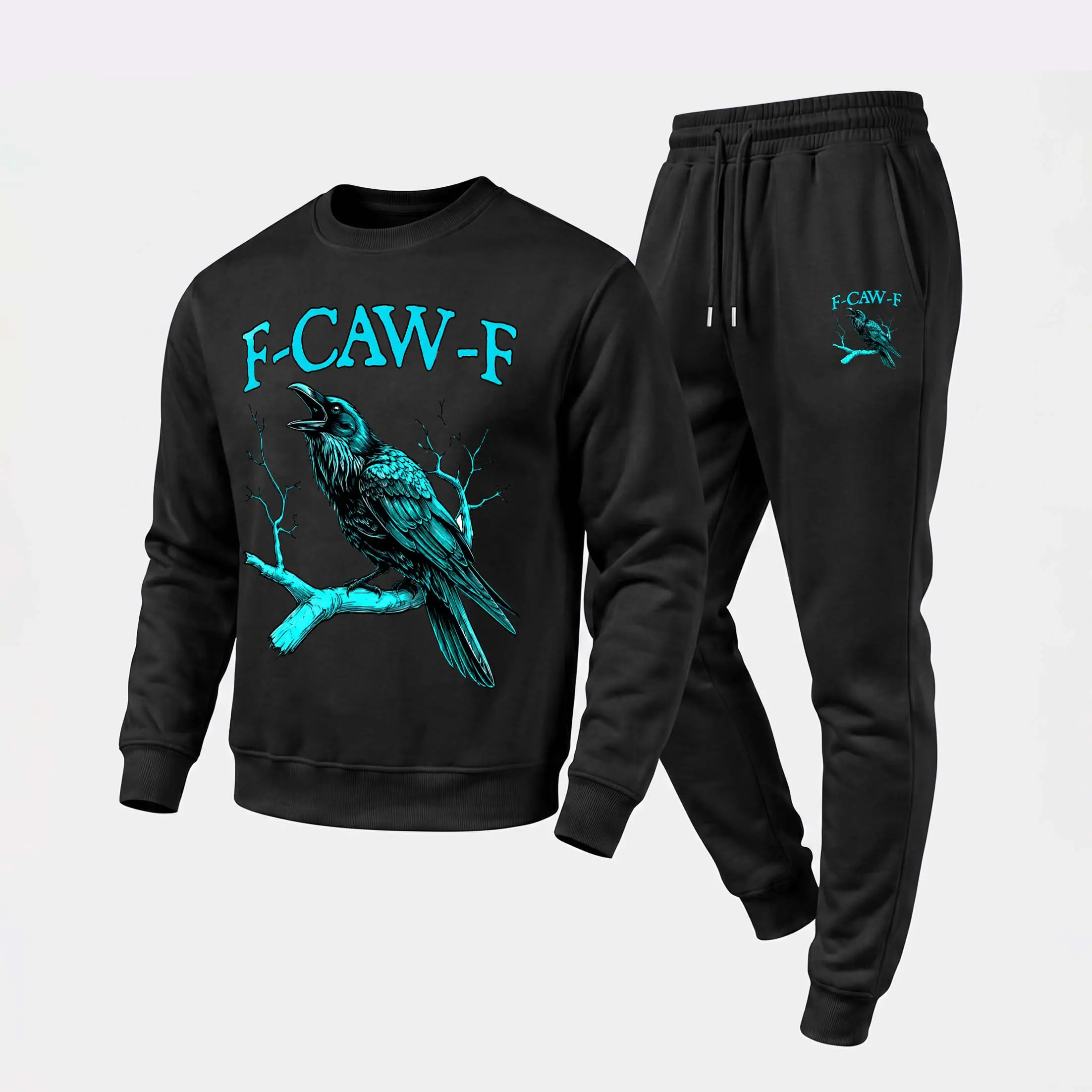 Men's "F-Caw-F" Joke Halloween Crewneck Sweatshirt and Jogger Pants Set, Casual Long Sleeve Pullover with Drawstring Sweatpants, Fall Winter Tracksuit for Daily Wear, Travel, Lounge, Workout and Indoor Outdoor Activities